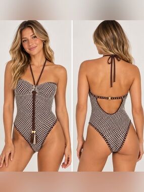 Lucky Brand NWT Brown & Ivory Mesh One Piece Swimsuit Size S $138